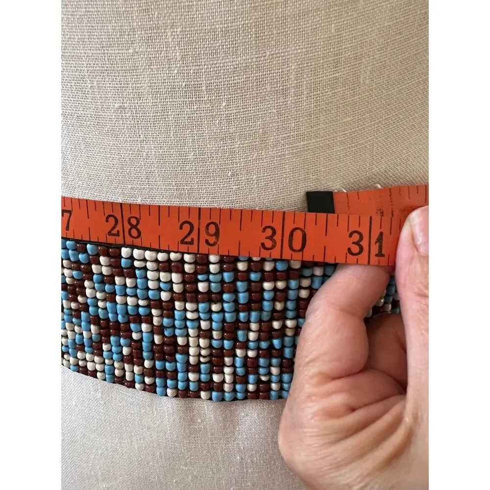 Wide Cinching Beaded Belt Blue Brown White